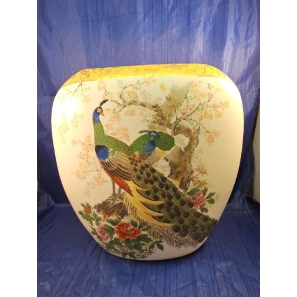 Vintage Satsuma Flat Oval Vase Peacock Floral Design Gold Trim Japanese Ceramic